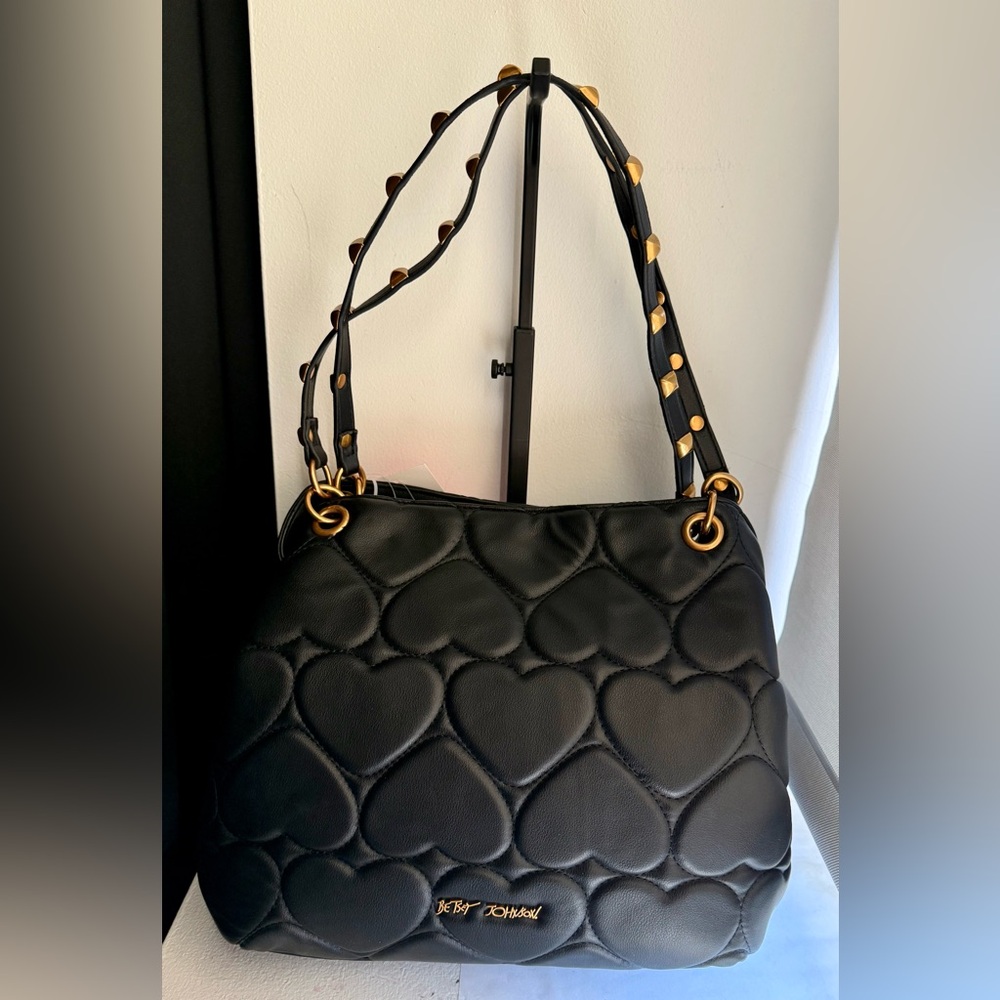 BETSEY JOHNSON Quilted Heart Black Tote Bag Studded Straps with Charms, Comb NWT